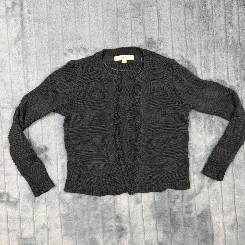 Ann Taylor LOFT Petites Black Fringe Trim Open Front Cardigan Sweater MP 8218
